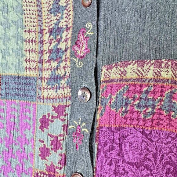 CM Shapes Blouse Womens Large Green Patchwork Rayon Crinkle Boho Artsy - Picture 4 of 11